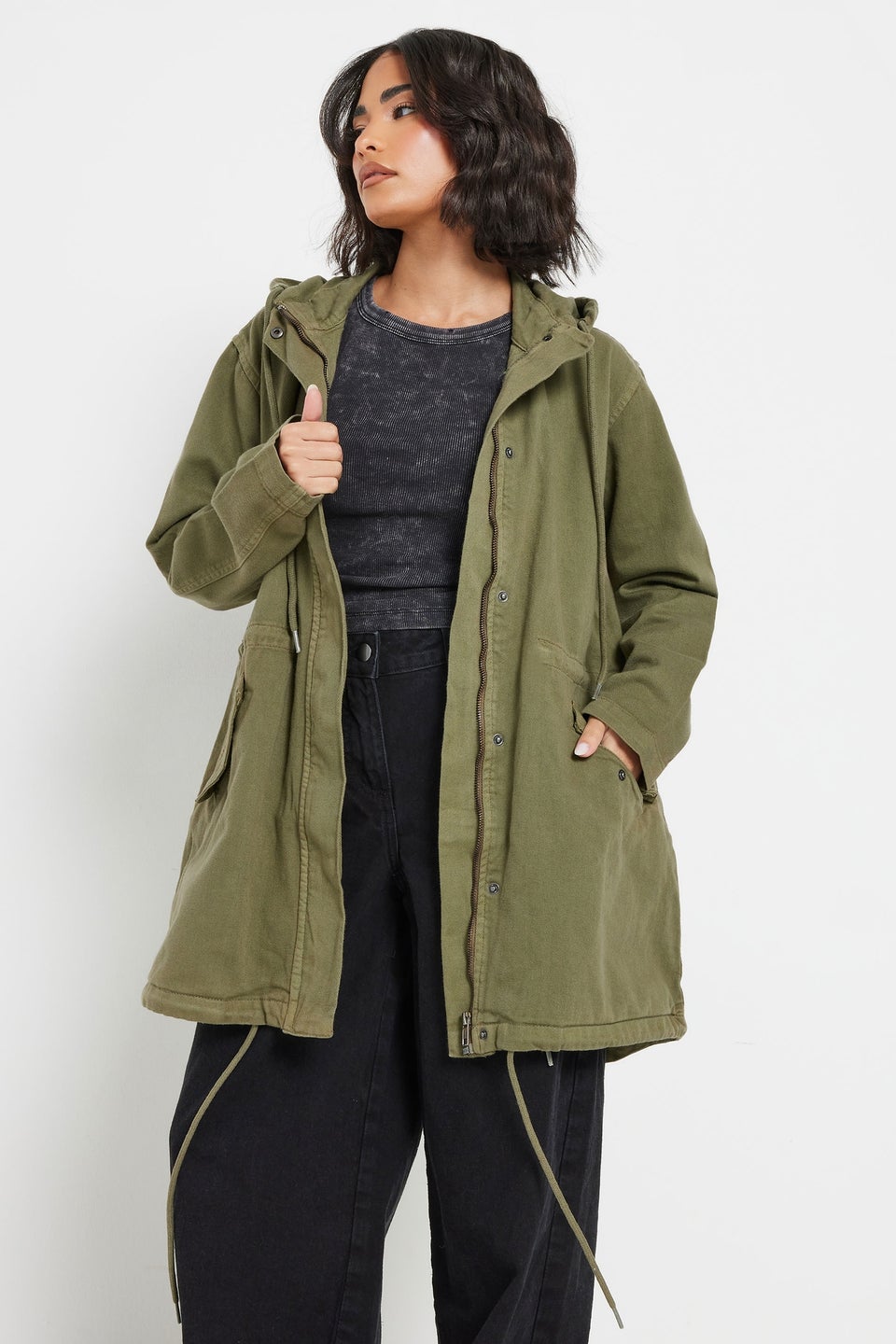 PixieGirl Petite Khaki Green Twill Parka Coat