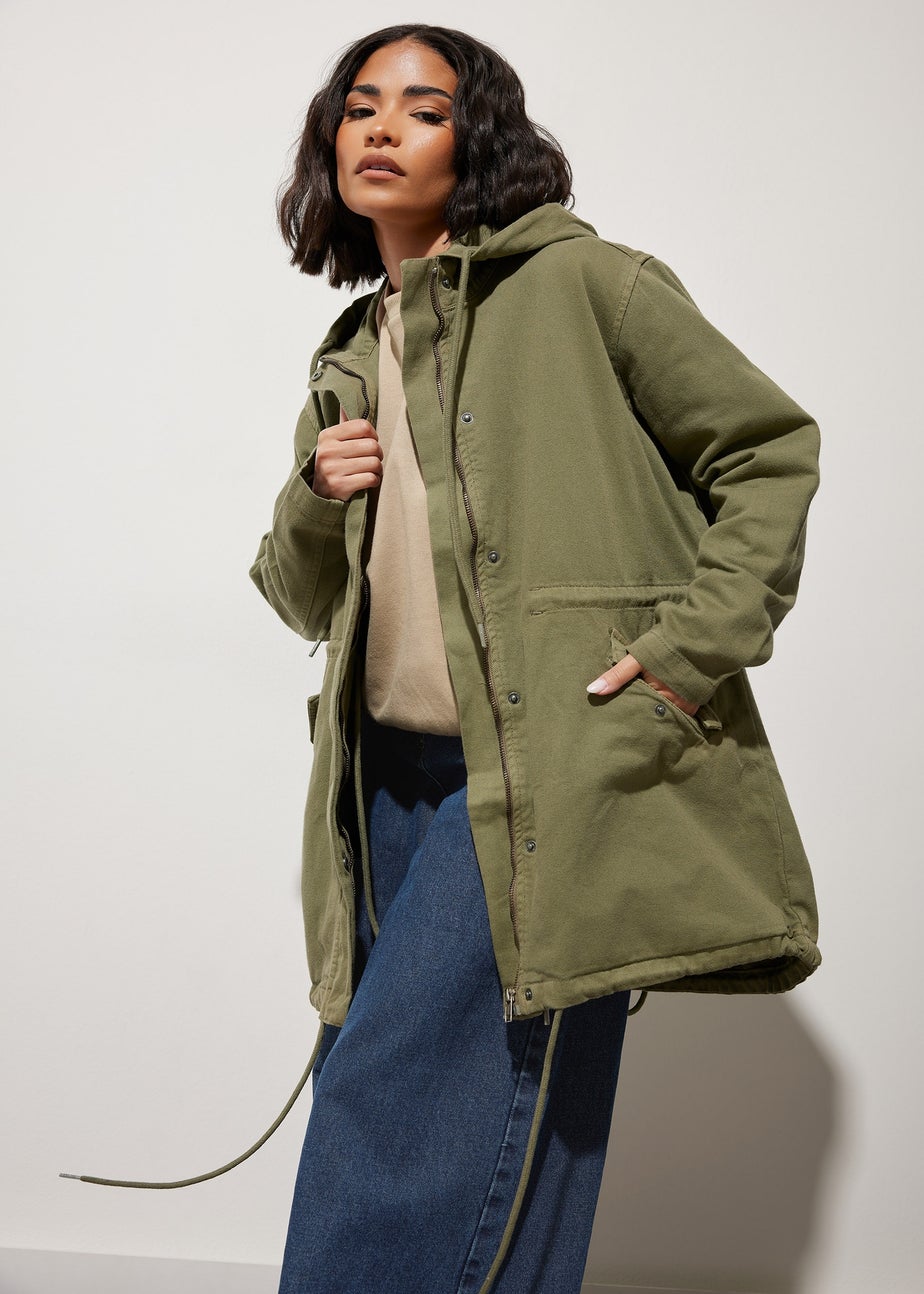 PixieGirl Petite Khaki Green Twill Parka Coat