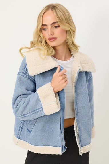 PixieGirl Petite Light Blue Denim Borg Zip Jacket