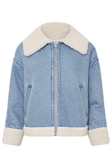 PixieGirl Petite Light Blue Denim Borg Zip Jacket