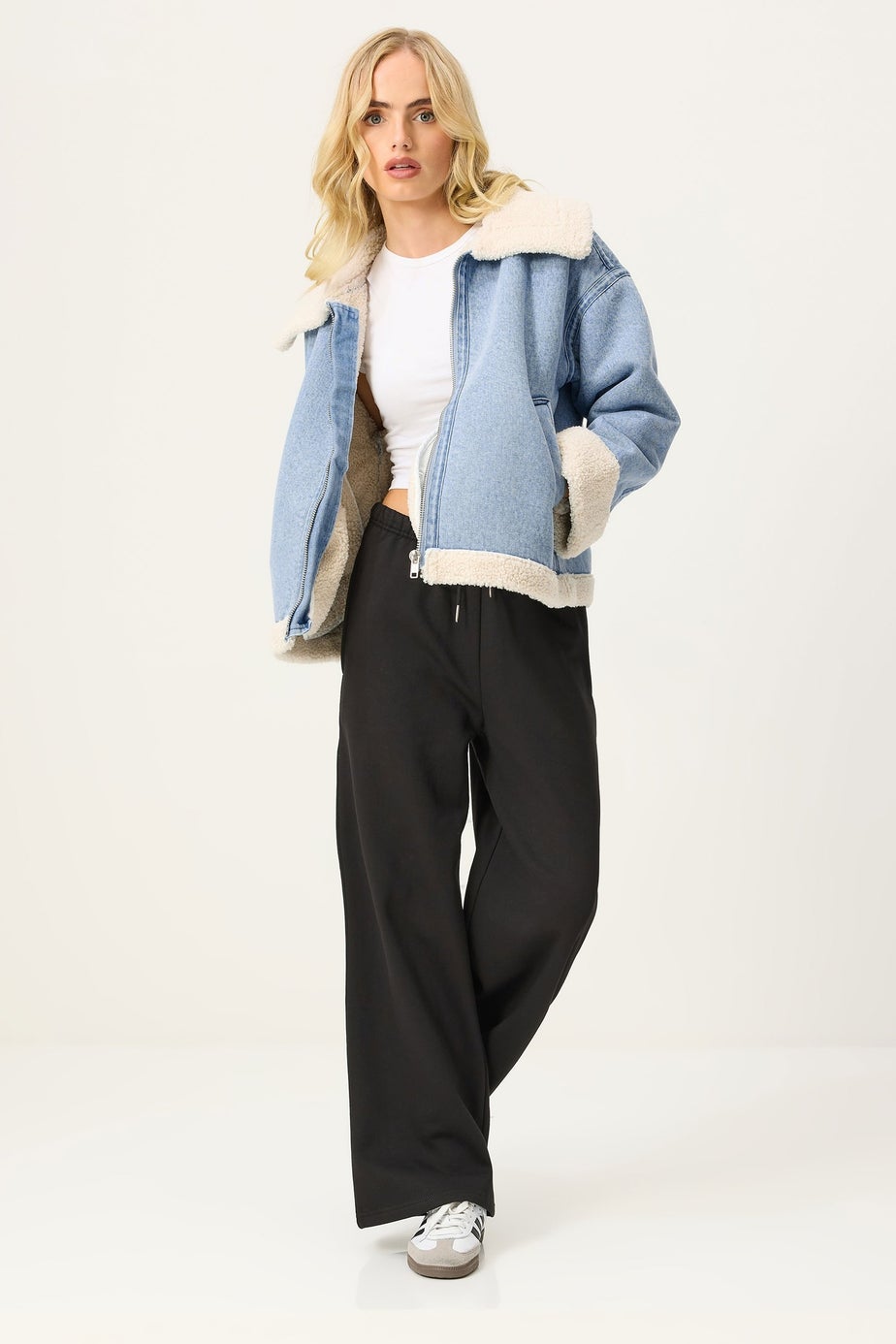 PixieGirl Petite Light Blue Denim Borg Zip Jacket