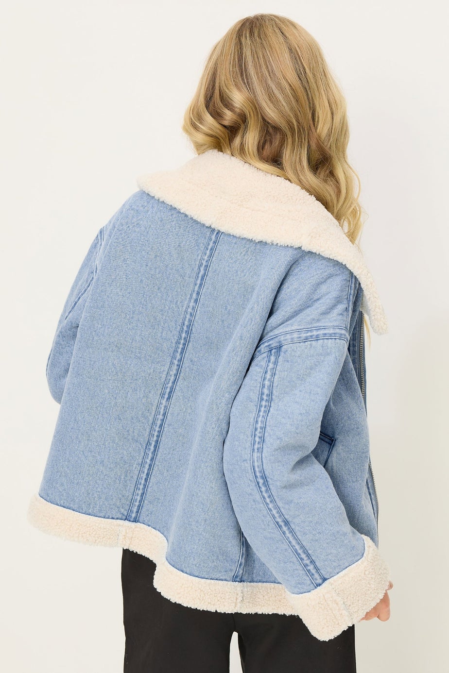 PixieGirl Petite Light Blue Denim Borg Zip Jacket