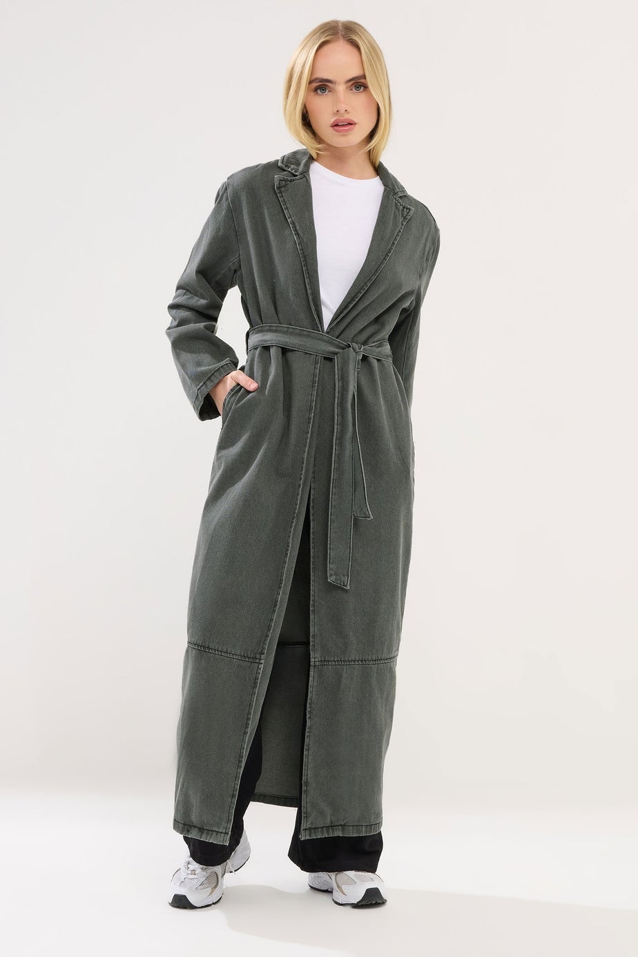 PixieGirl Petite Grey Wash Denim Longline Trench Coat