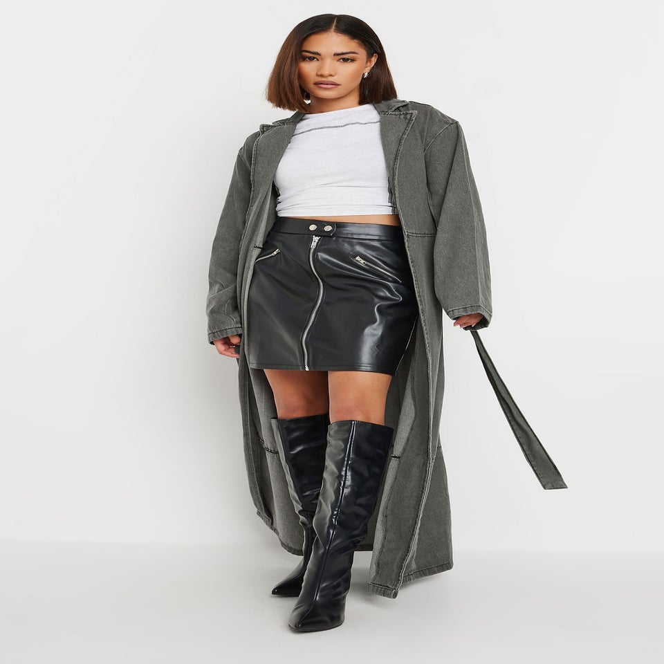 PixieGirl Petite Grey Wash Denim Longline Trench Coat