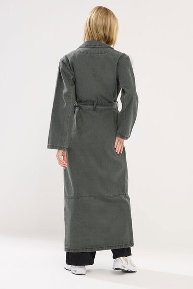 PixieGirl Petite Grey Wash Denim Longline Trench Coat