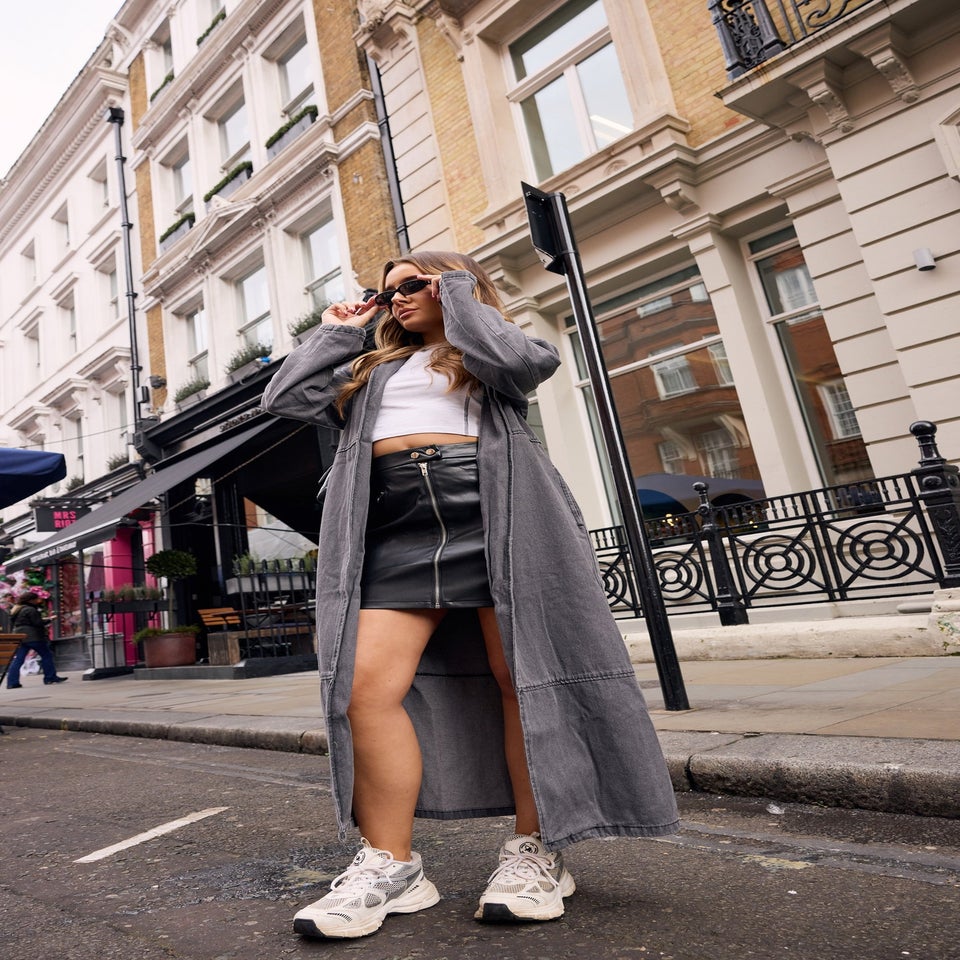 PixieGirl Petite Grey Wash Denim Longline Trench Coat