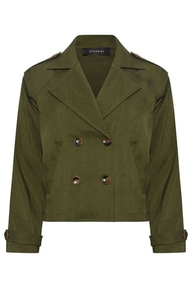 PixieGirl Petite Olive Green Cropped Trench Duster Coat