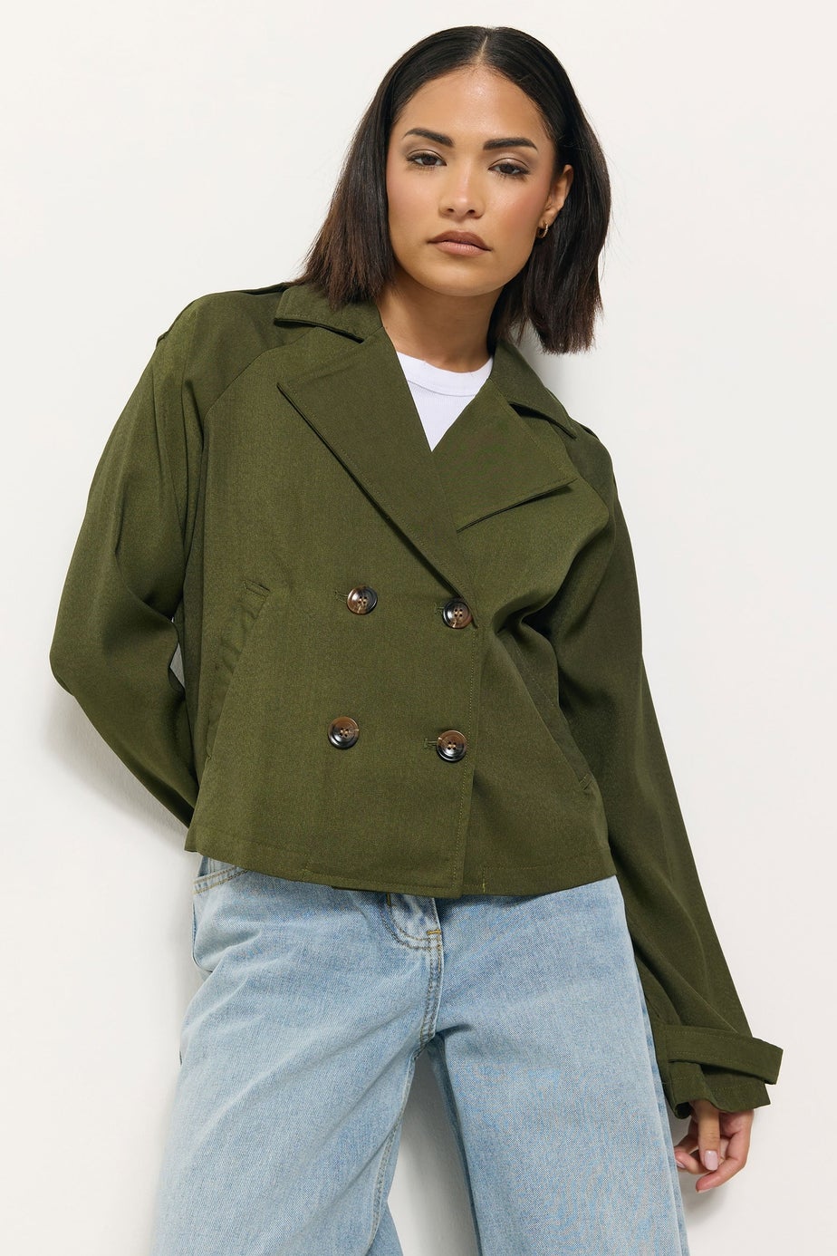PixieGirl Petite Olive Green Cropped Trench Duster Coat