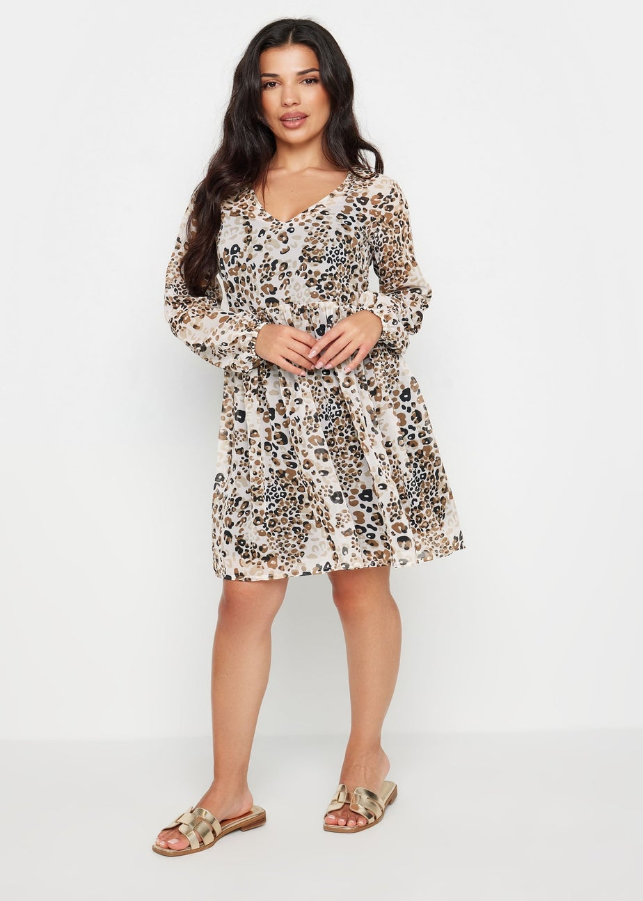 PixieGirl Petite Brown Leopard Print Smock Mini Dress