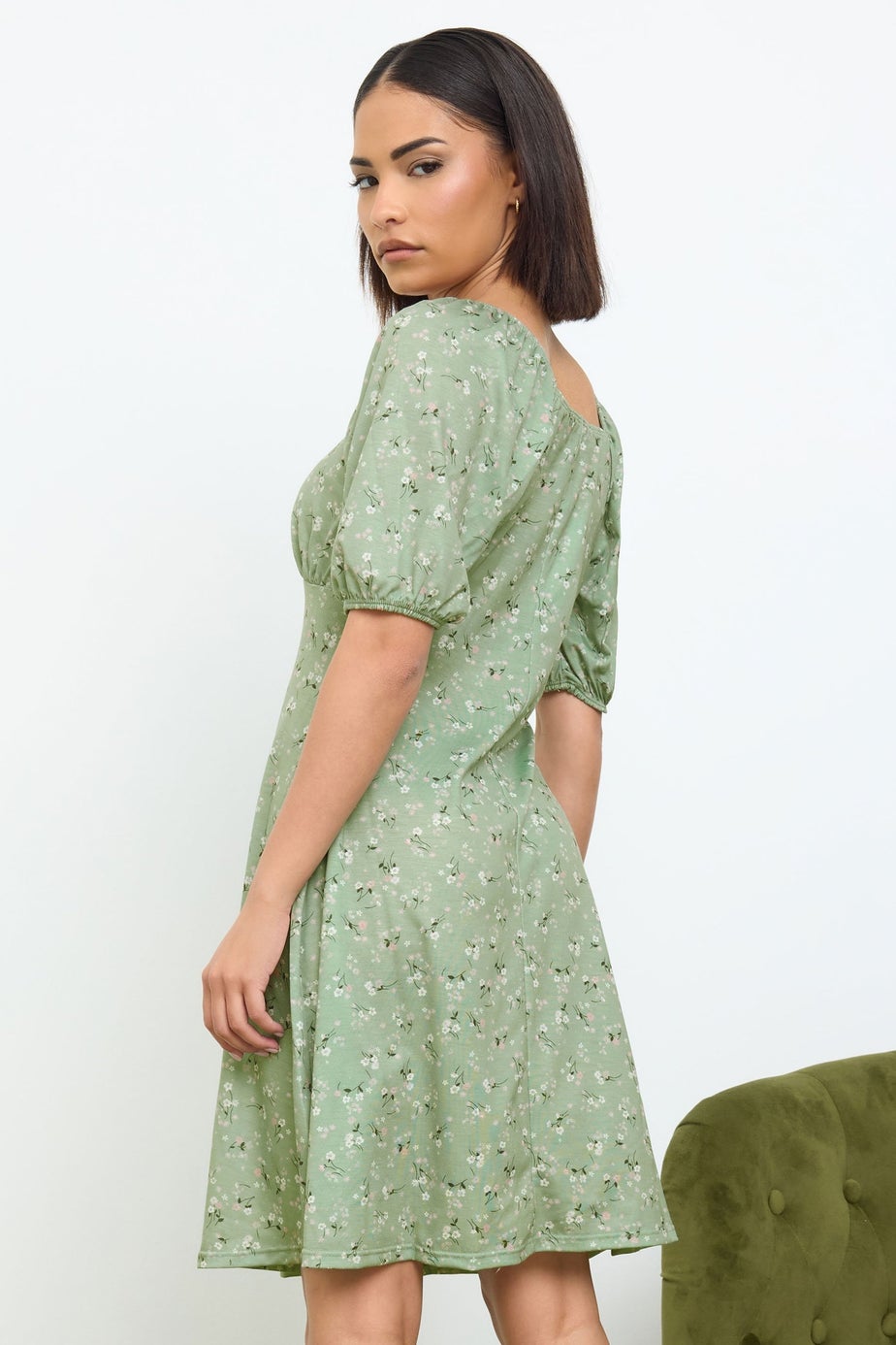 PixieGirl Petite Sage Green Ditsy Floral Print Mini Dress