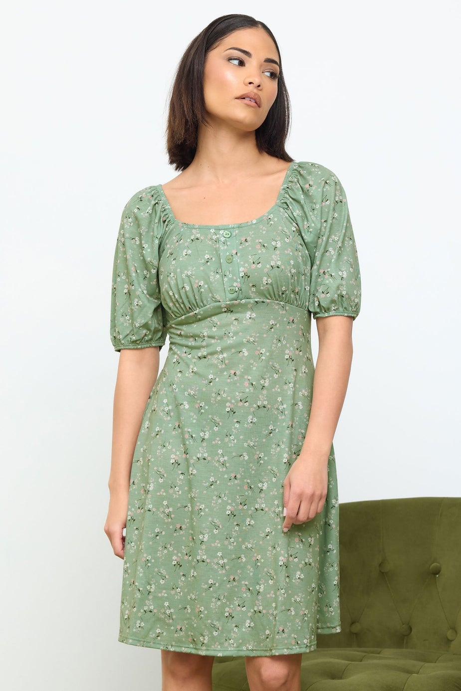 PixieGirl Petite Sage Green Ditsy Floral Print Mini Dress