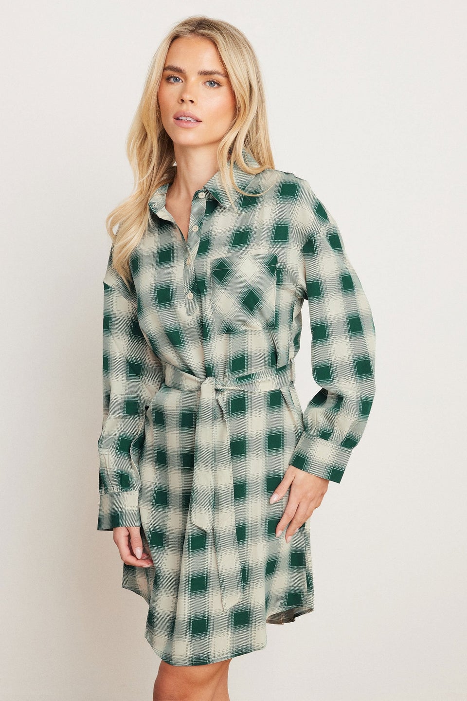 PixieGirl Petite Green Check Print Shirt Dress