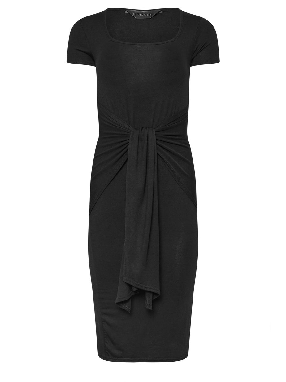 PixieGirl Petite Black Tie Front Bodycon Midi Dress