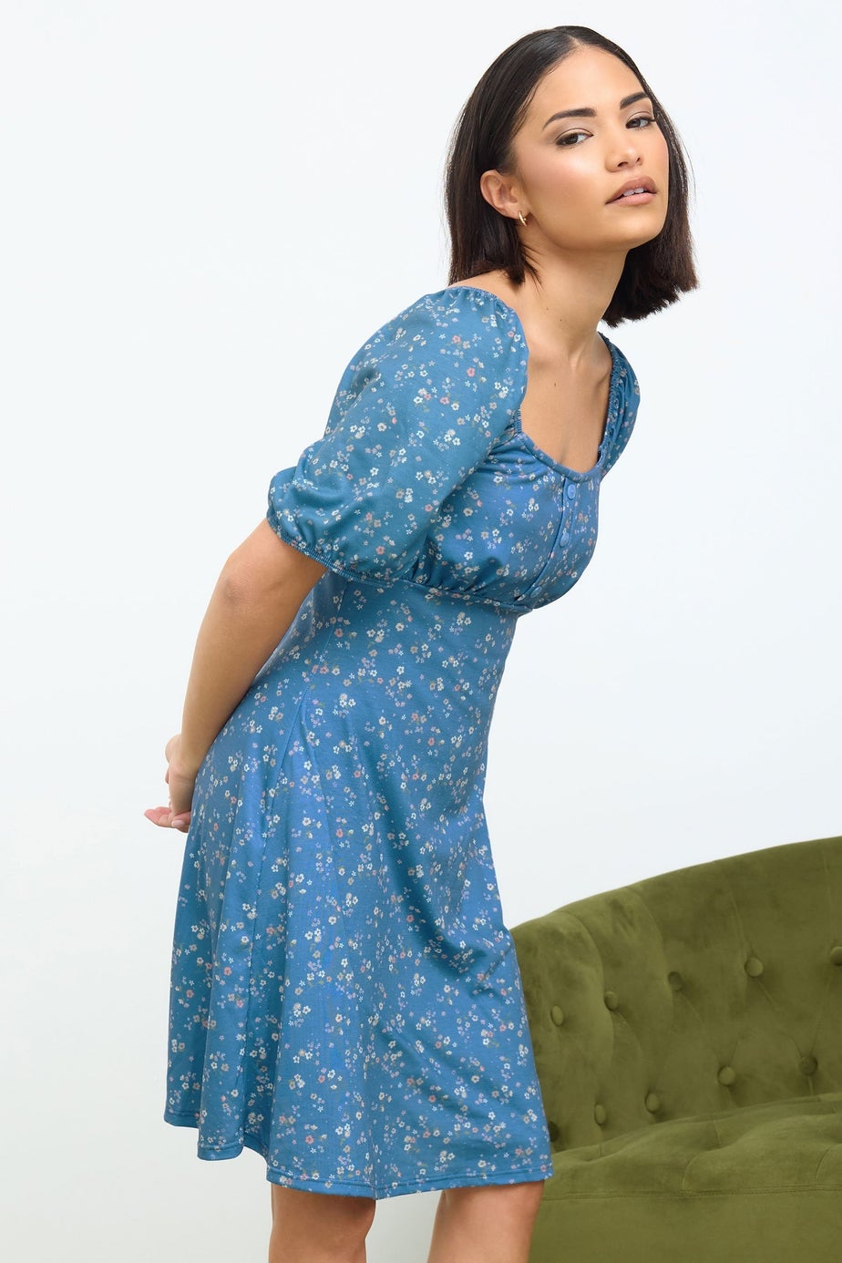 PixieGirl Petite Blue Ditsy Floral Print Mini Dress