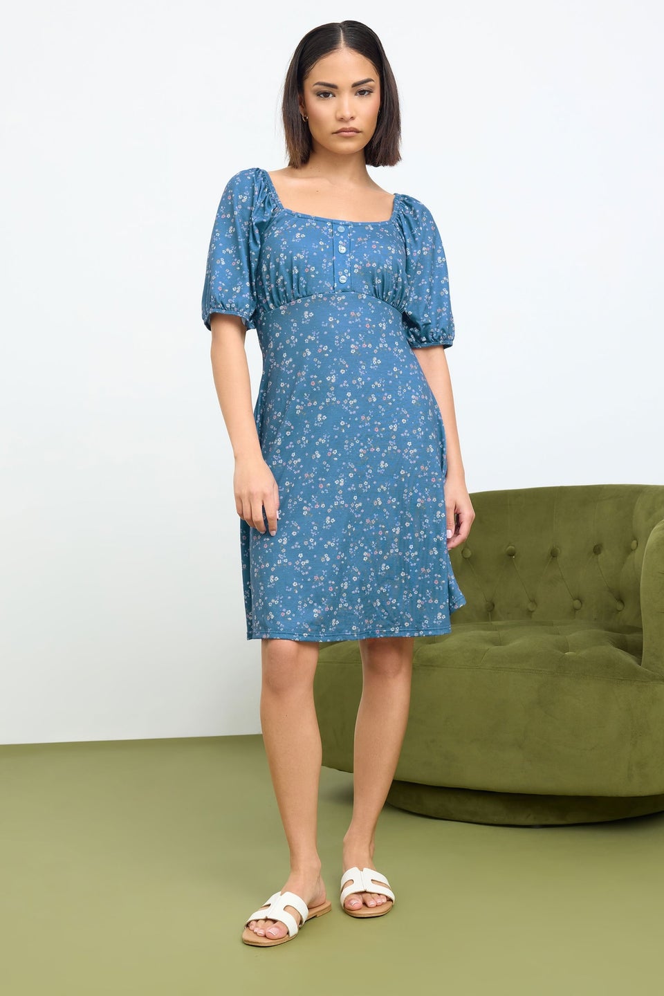 PixieGirl Petite Blue Ditsy Floral Print Mini Dress