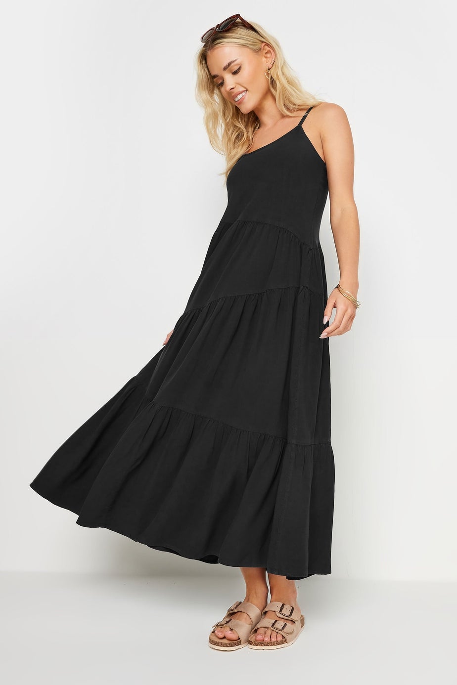 PixieGirl Petite Black Asymmetric Tiered Maxi Dress