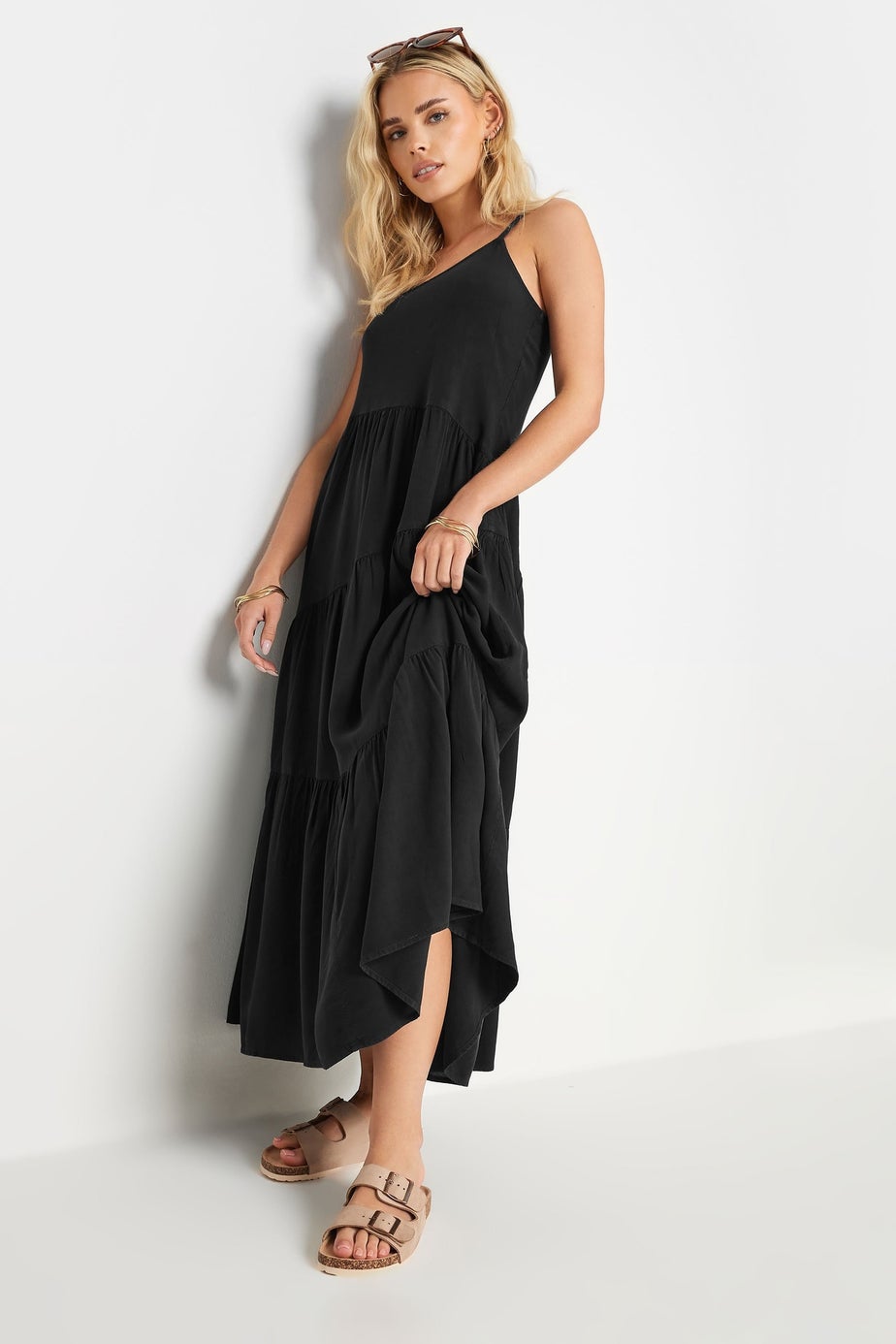 PixieGirl Petite Black Asymmetric Tiered Maxi Dress