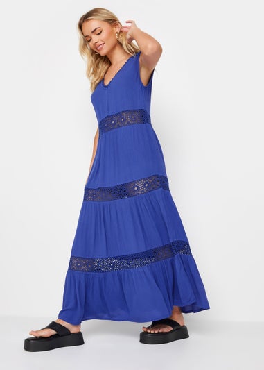 PixieGirl Petite Blue Crochet Trim Tiered Maxi Dress