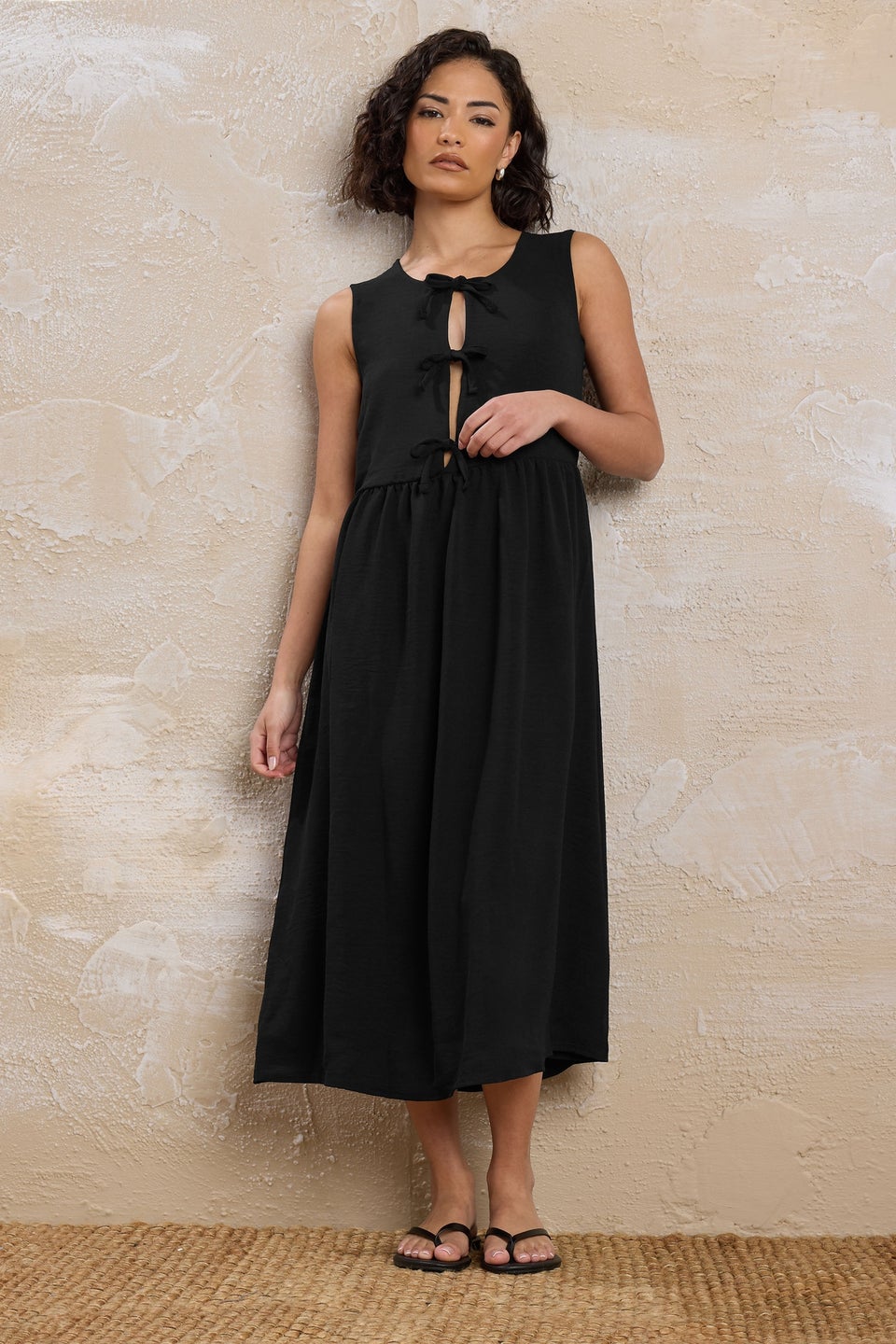 PixieGirl Petite Black Tie Front Midi Dress