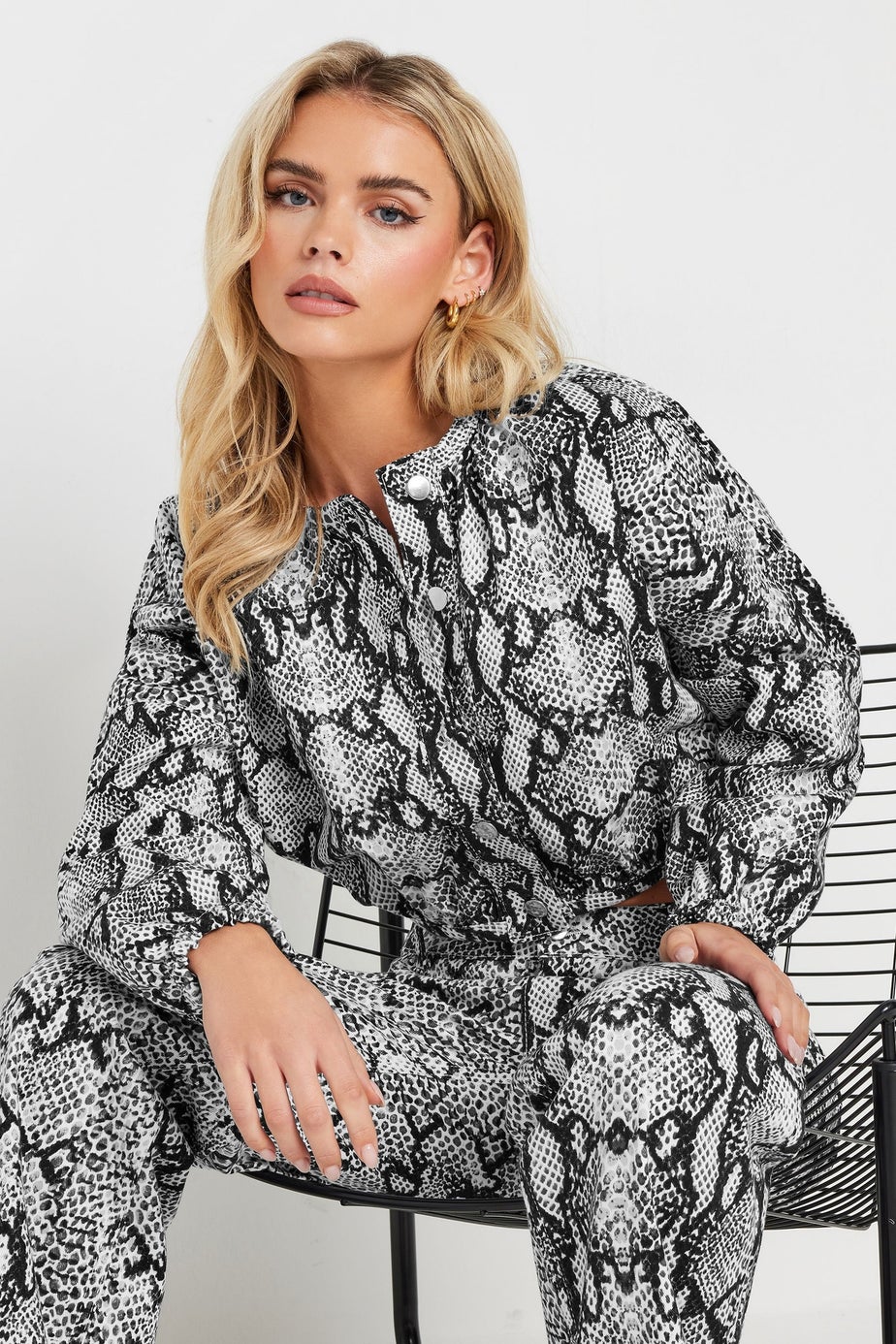 PixieGirl Petite Grey Snake Print Denim Bomber Jacket