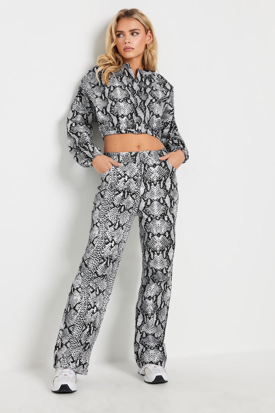 PixieGirl Petite Grey Snake Print Denim Bomber Jacket