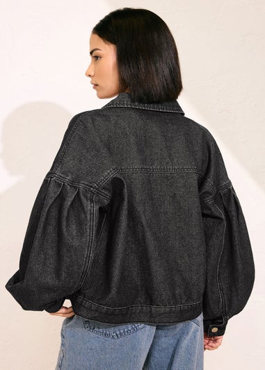 PixieGirl Petite Black Denim Balloon Sleeve Jacket