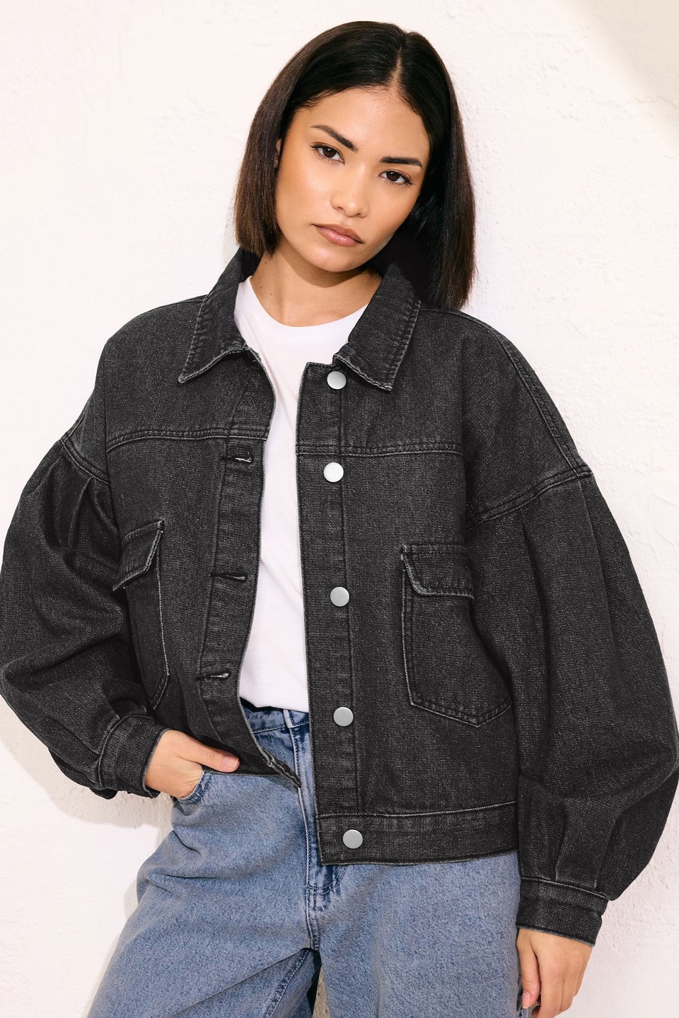 PixieGirl Petite Black Denim Balloon Sleeve Jacket
