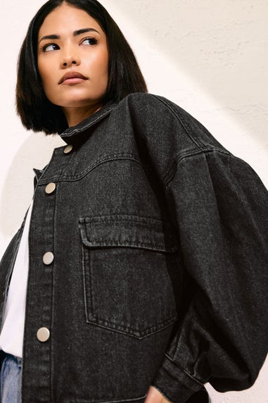 PixieGirl Petite Black Denim Balloon Sleeve Jacket