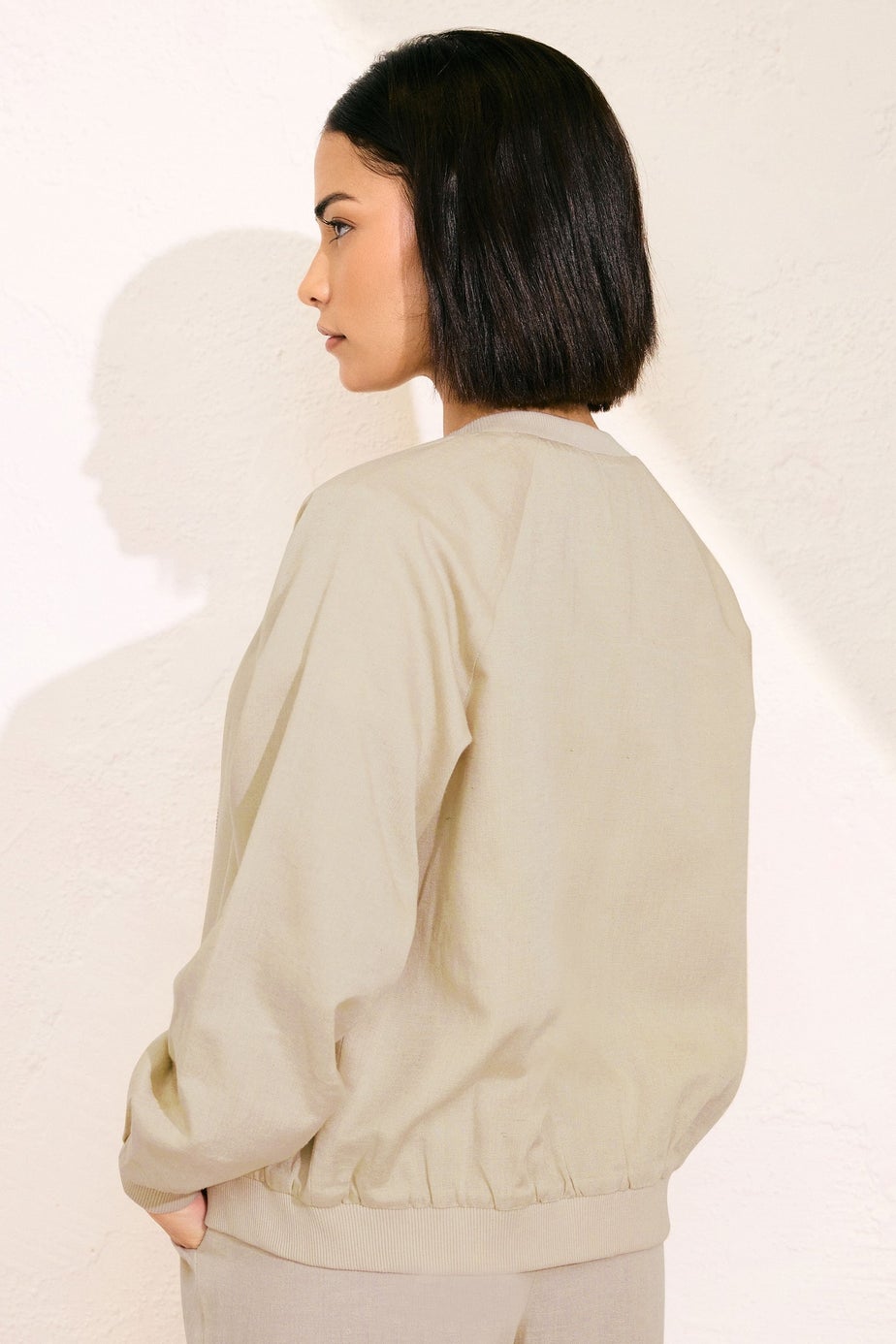 PixieGirl Petite Stone Brown Linen Bomber Jacket