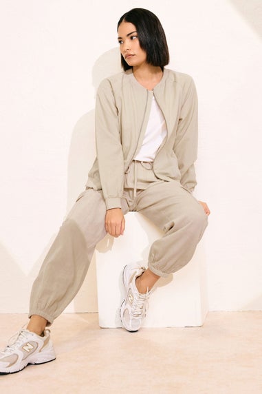 PixieGirl Petite Stone Brown Linen Bomber Jacket