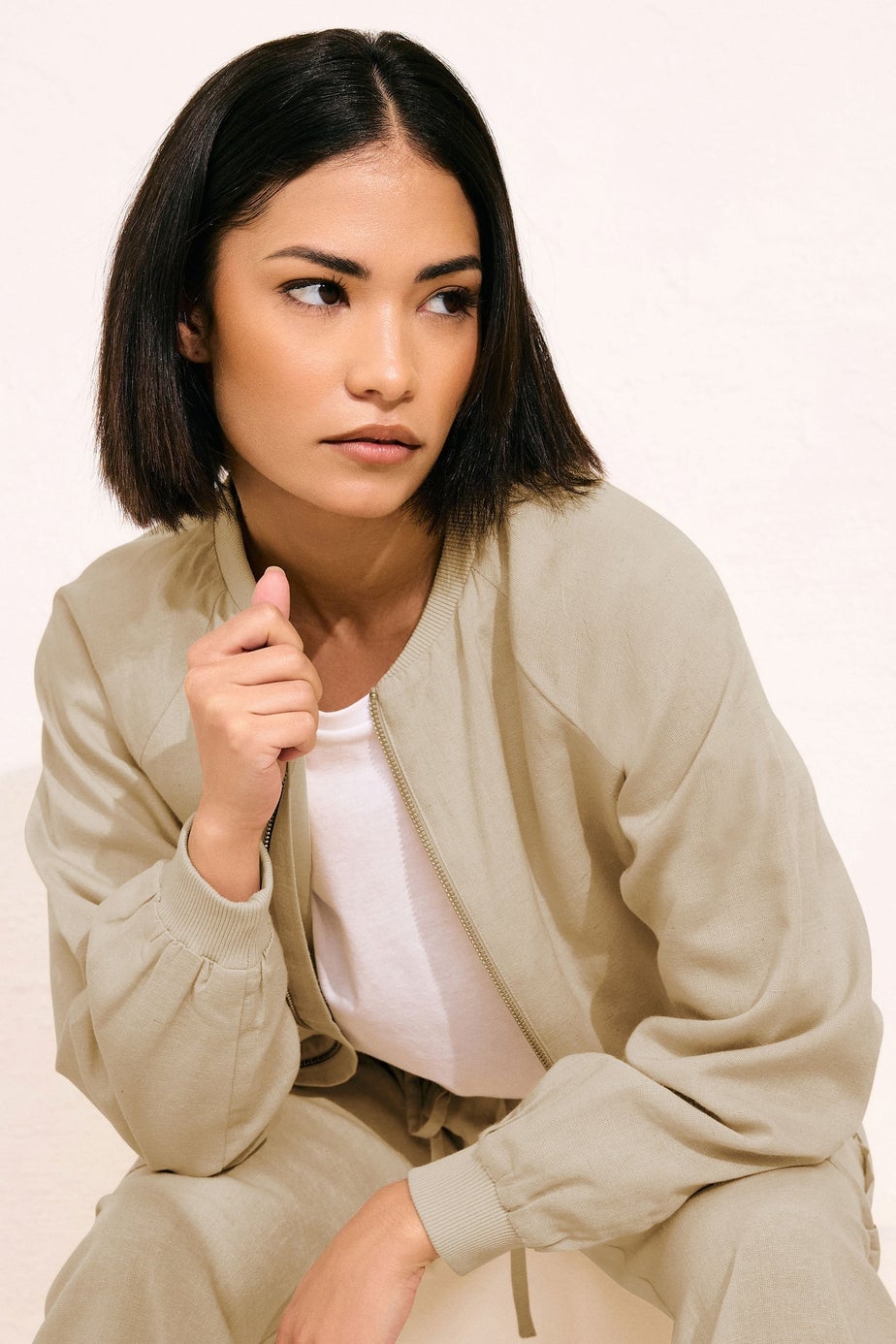 PixieGirl Petite Stone Brown Linen Bomber Jacket