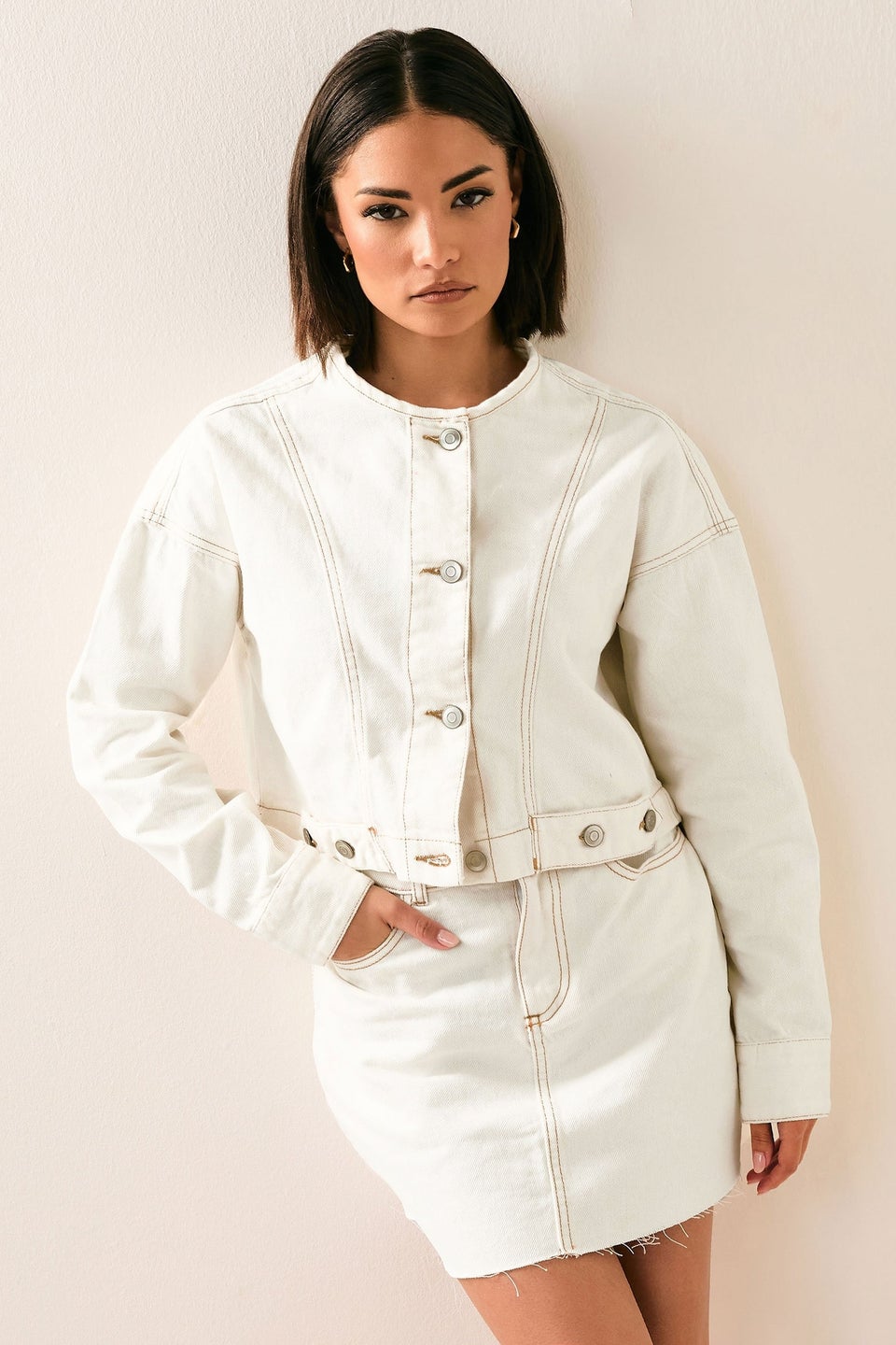 PixieGirl Petite Cream Denim Contrast Stitch Collarless Jacket