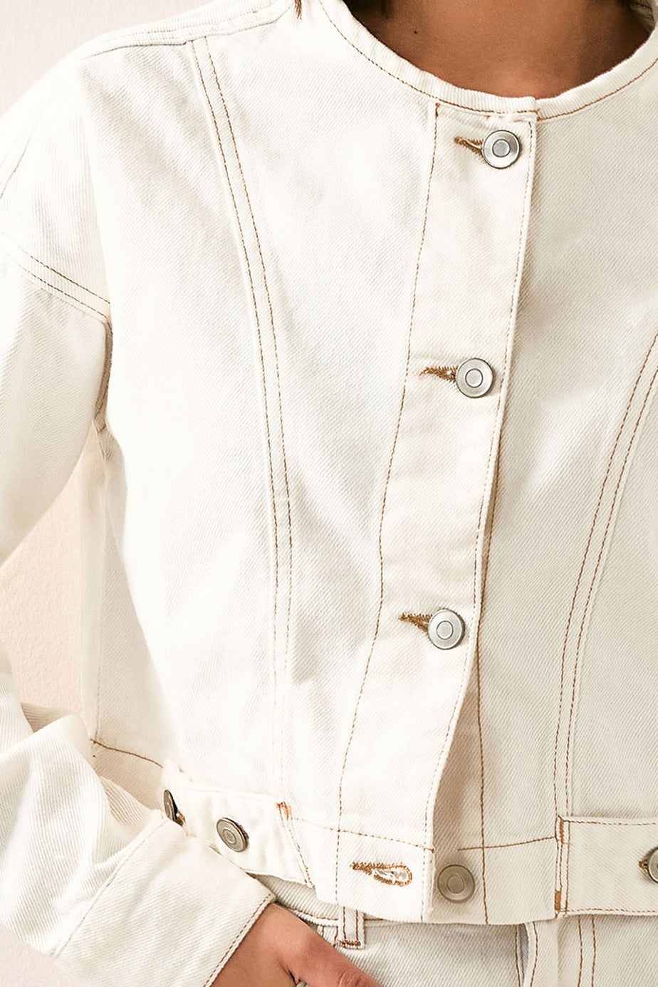 PixieGirl Petite Cream Denim Contrast Stitch Collarless Jacket