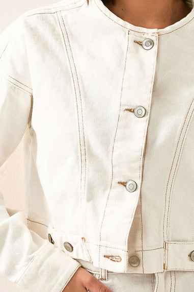 PixieGirl Petite Cream Denim Contrast Stitch Collarless Jacket