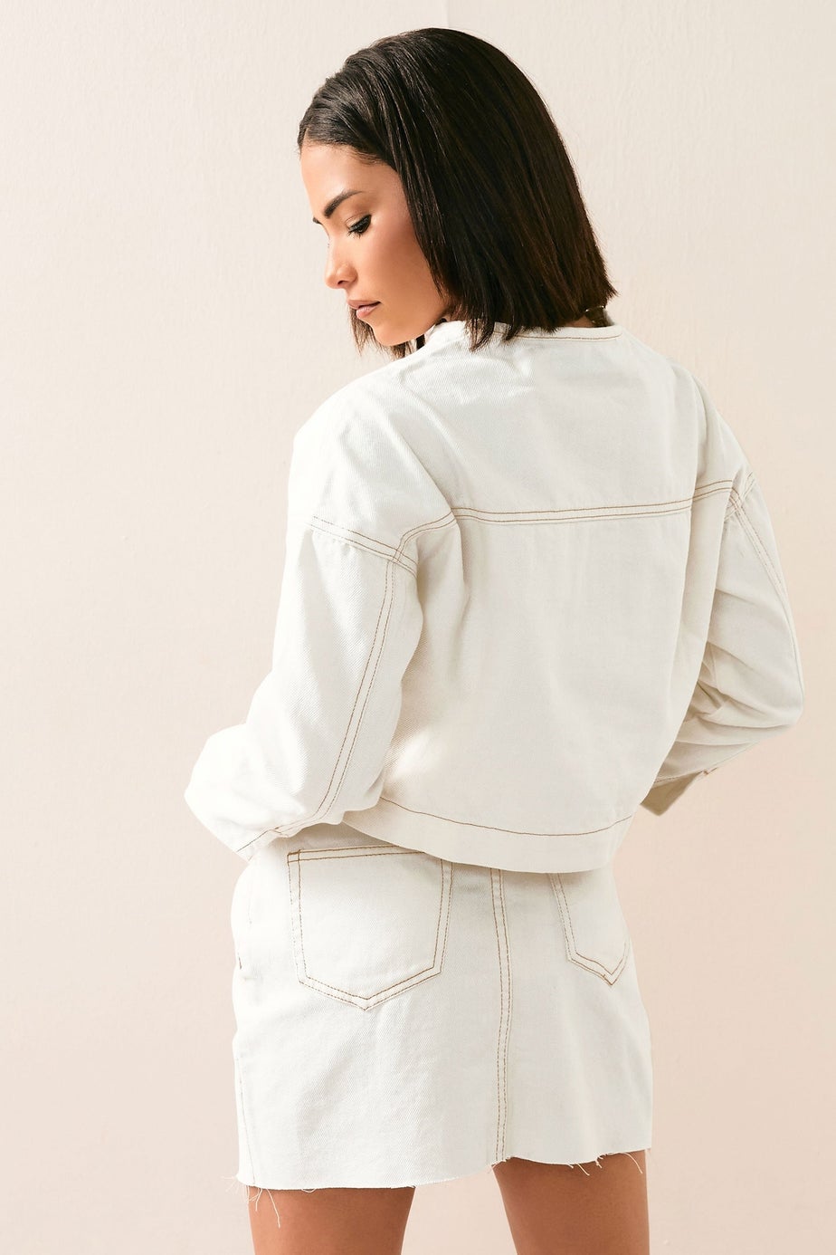 PixieGirl Petite Cream Denim Contrast Stitch Collarless Jacket