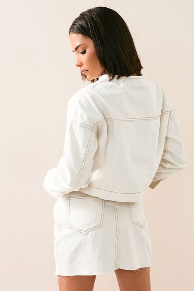 PixieGirl Petite Cream Denim Contrast Stitch Collarless Jacket