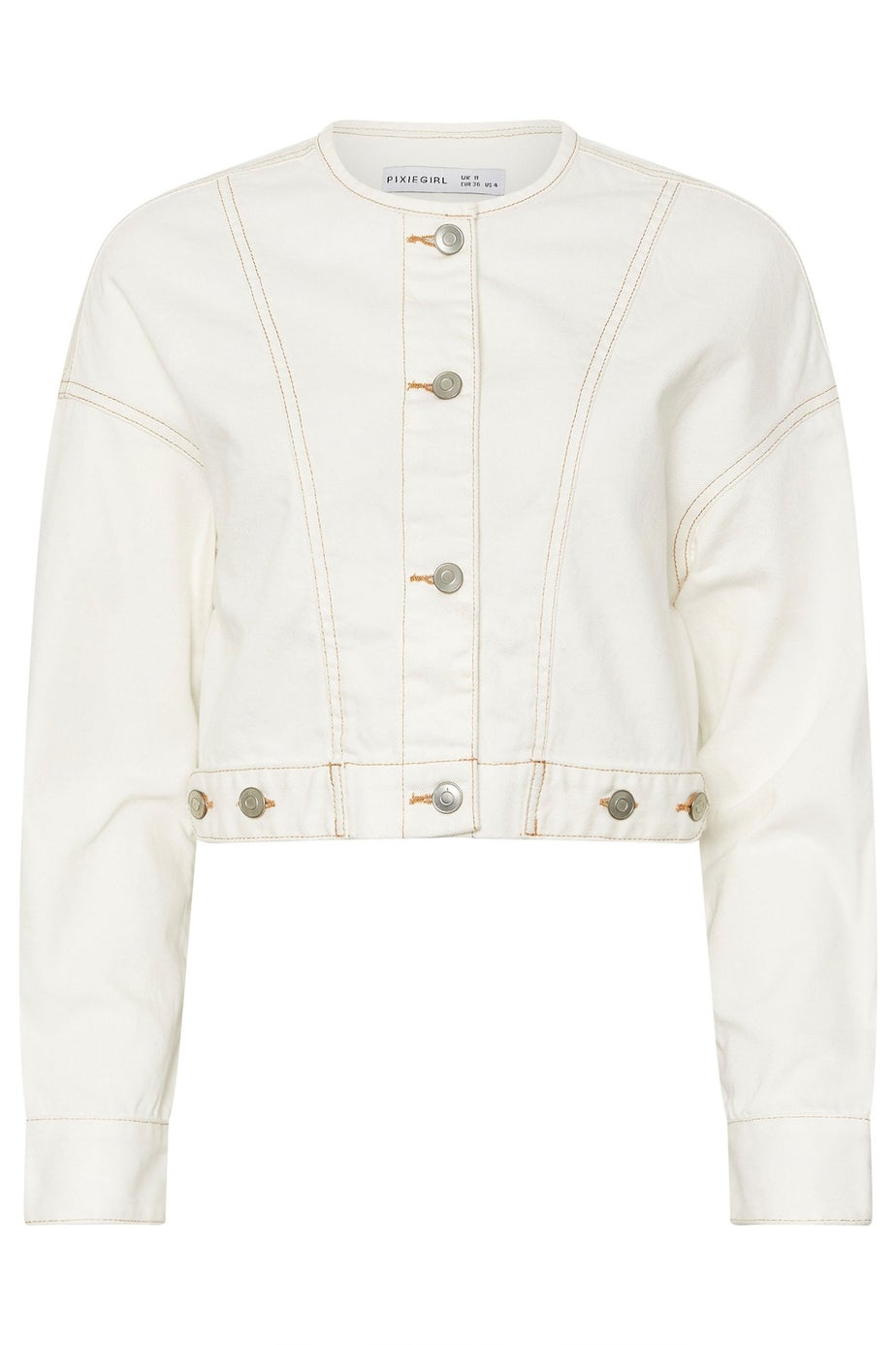 PixieGirl Petite Cream Denim Contrast Stitch Collarless Jacket