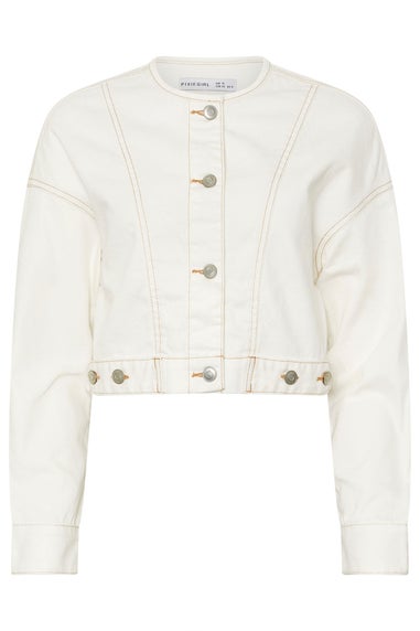 PixieGirl Petite Cream Denim Contrast Stitch Collarless Jacket
