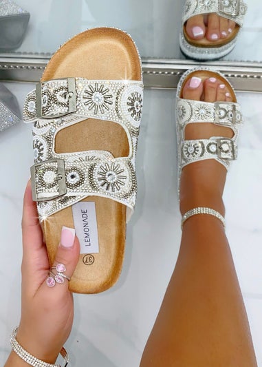 Love Lemonade Silver Crystal Radiant Double Strap Sliders