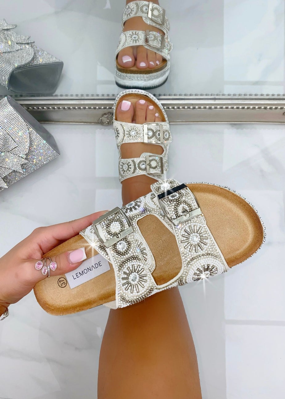 Love Lemonade Silver Crystal Radiant Double Strap Sliders