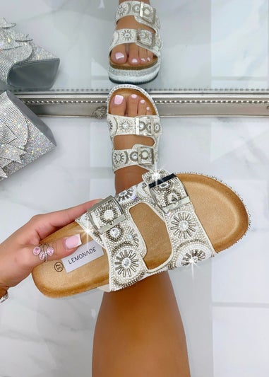 Love Lemonade Silver Crystal Radiant Double Strap Sliders