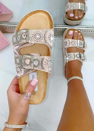 Love Lemonade Pink Crystal Radiant Double Strap Sliders