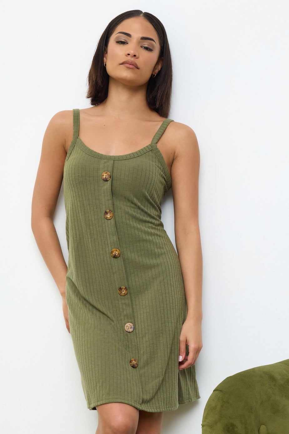 PixieGirl Petite Khaki Green Button Front Sleeveless Dress