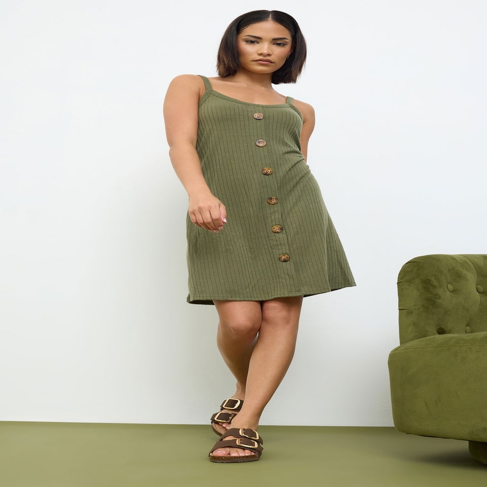 PixieGirl Petite Khaki Green Button Front Sleeveless Dress