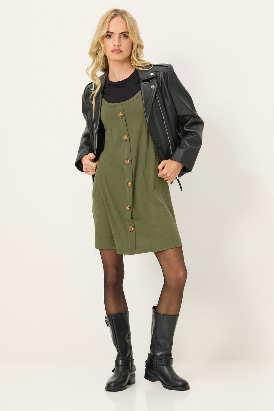 PixieGirl Petite Khaki Green Button Front Sleeveless Dress