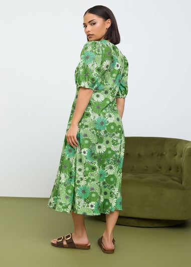 PixieGirl Petite Green Floral Print Midi Tea Dress