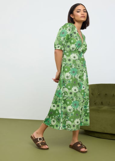 PixieGirl Petite Green Floral Print Midi Tea Dress