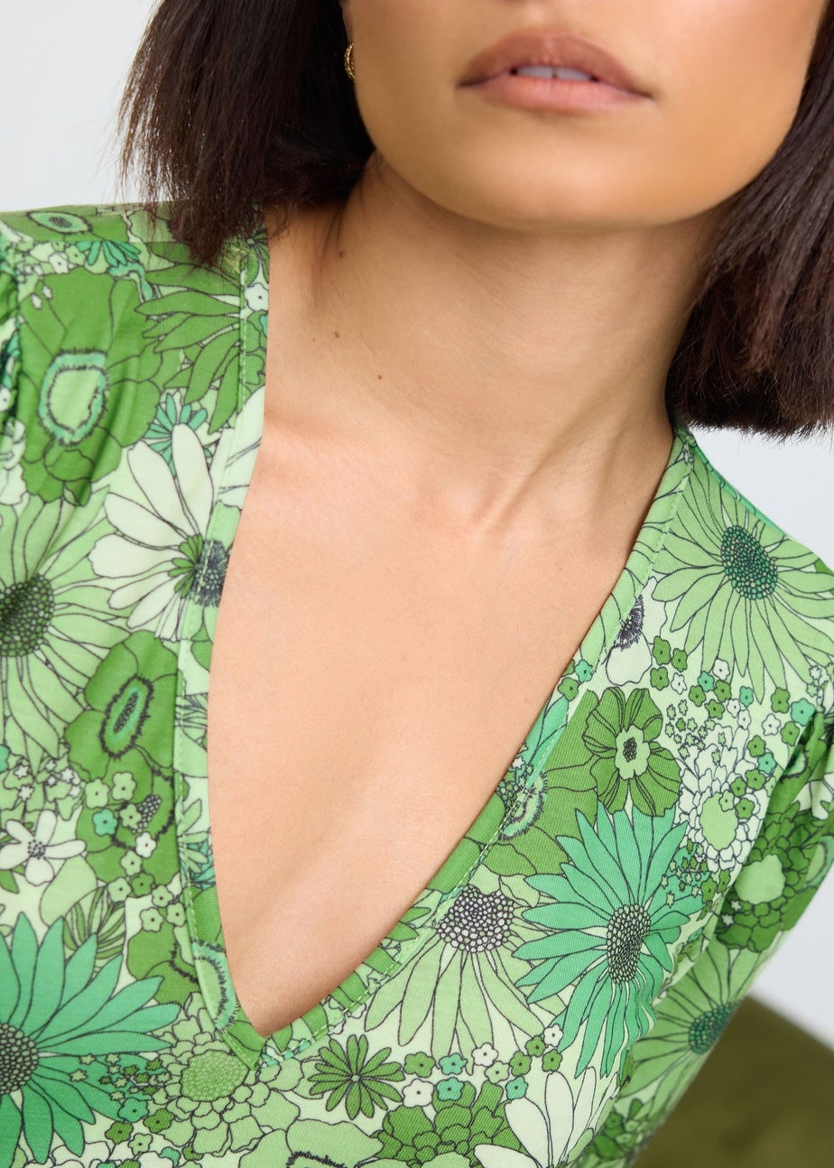 PixieGirl Petite Green Floral Print Midi Tea Dress