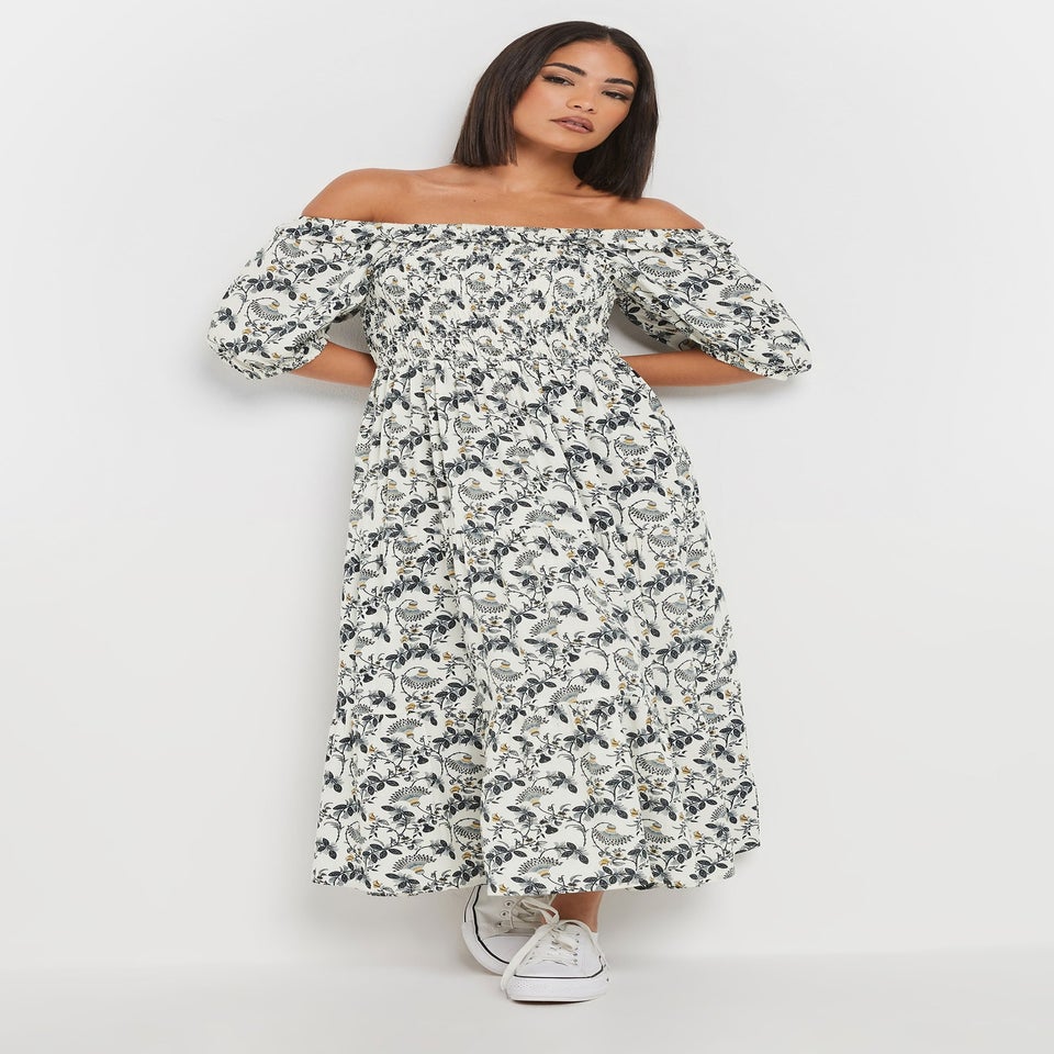 PixieGirl Petite White Paisley Floral Tiered Bardot Dress