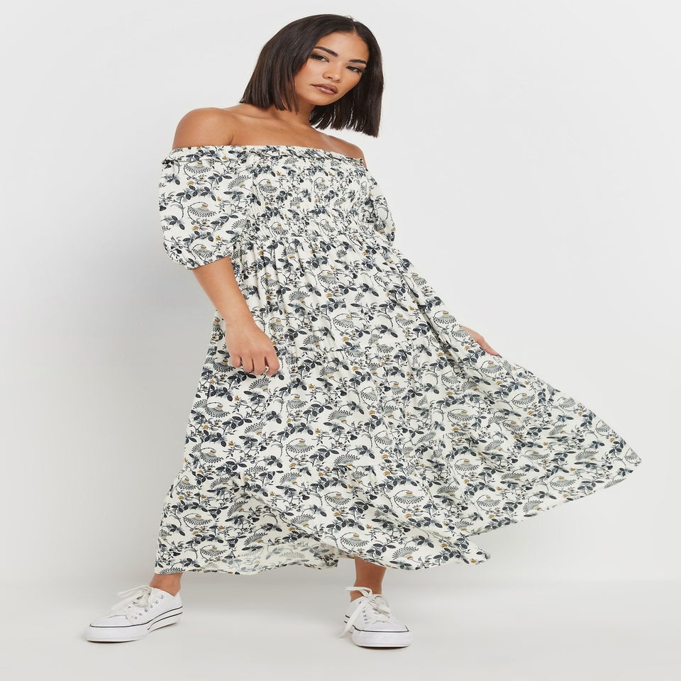 PixieGirl Petite White Paisley Floral Tiered Bardot Dress